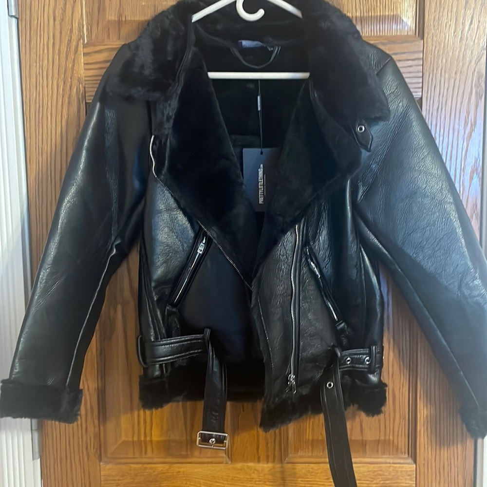 Brand new faux leather aviator jacket. Pretty Little Thing size 4
